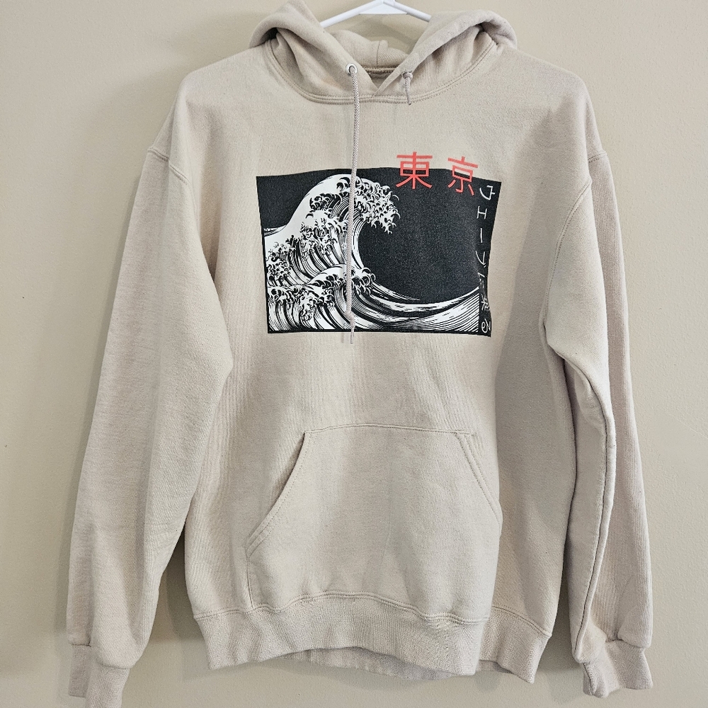 Bowery Supply Co. Medium Unisex Beige Hoodie with Wave Graphic Japanese Writing